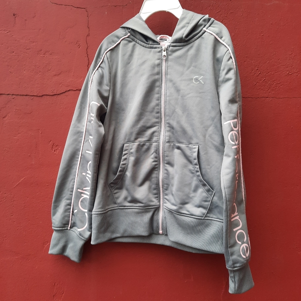 Calvin Klein Full Zip Hooded Track Jacket Hoodie Sweatshirt Lounge Gray Pink 7